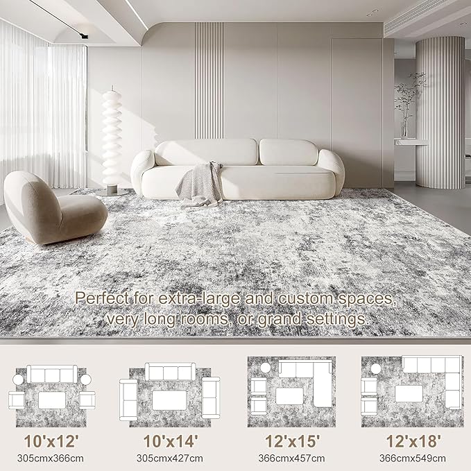 UERMEI 10x12 Area Rug Living Room Rugs - Washable Neutral Modern Abstract Soft Thin Large Rug Indoor Floor No Slip Rug Carpet for Bedroom Under Dining Table Home Office Decor - Grey