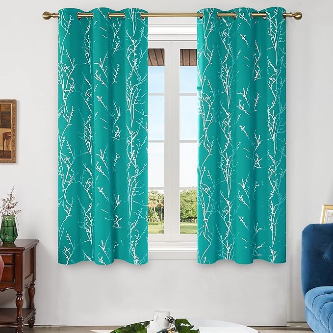 Deconovo Blackout Curtains, Thermal Insulated Soundproof Drapes with Tree Foil Print, 42 x 63 Inch, Set of 2, Machine Washable Window Curtain for Bedroom Living Room Nursery Kitchen Office, Turquoise