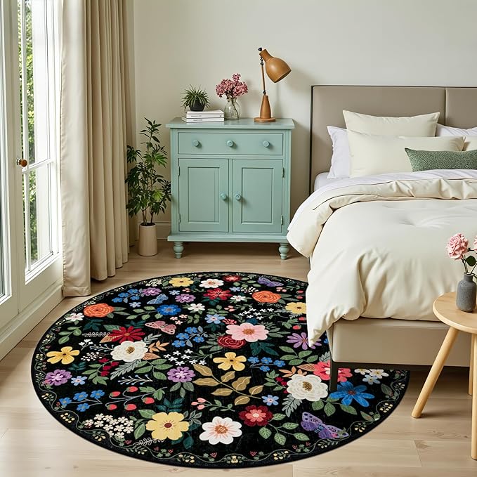 Round Area Rug for Living Room: 6 ft Floral Washable Circle Rug Soft Boho Non-Slip Carpet Indoor Stain Resistant Low Pile Small Circular Rug for Bedroom Entryway Kitchen Nursery Home Office Black