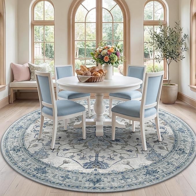 Area Rugs 7ft Washable Non-Slip, Floral Vintage Distress Print Pattern Medallion Carpet for Living Room Bedroom Dining Room, Light Blue Navy Beige Gray White