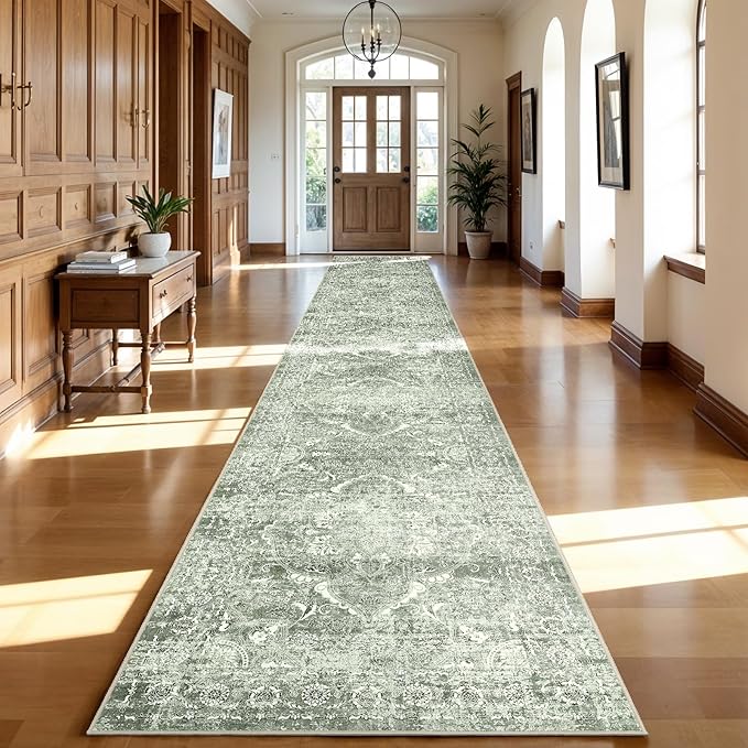 3x20 Washable Hallway Runner Rug - Non Slip Kitchen Runner Rugs with Rubber Backing Vintage Low-Pile Carpet Runners for Entryway Dining Room Laundry Room Home Decor (Muted Sage Green)