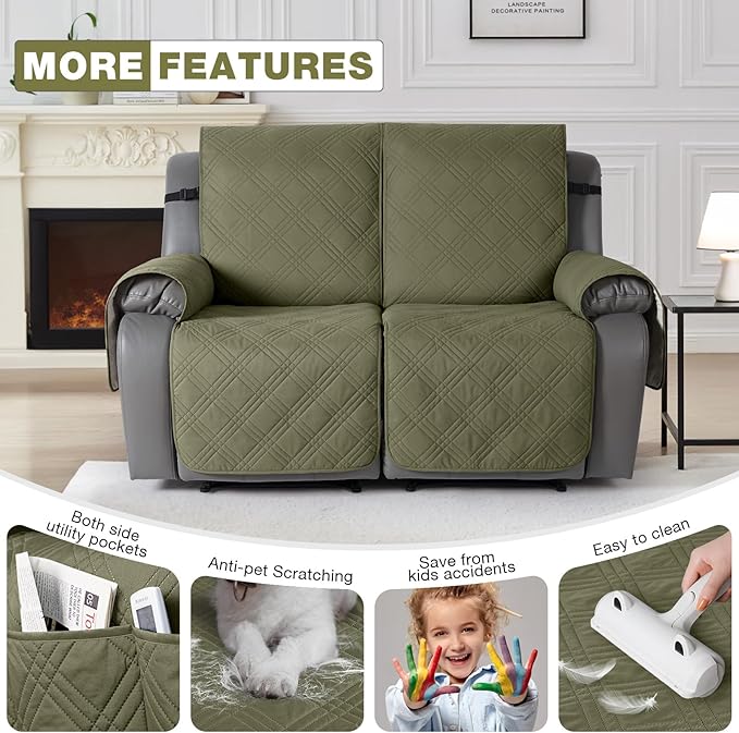 TAOCOCO 100% Waterproof Loveseat Recliner Covers 2 Seater, Split Loveseat Covers for Reclining loveseat, Non Slip Reclining Couch Cover with Double Straps for Kids, Pets(2 Seater, Green)