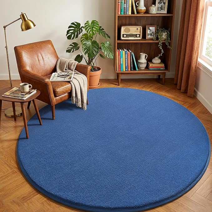 Amearea Blue Round Area Rugs 4ft Washable Circle Rugs for Bedroom Living Room, Fluffy Indoor Thickened Memory Foam Rug, Non Slip Minimalist Circular Carpet for Kids Boys Girls Dorm Nursery Room Decor
