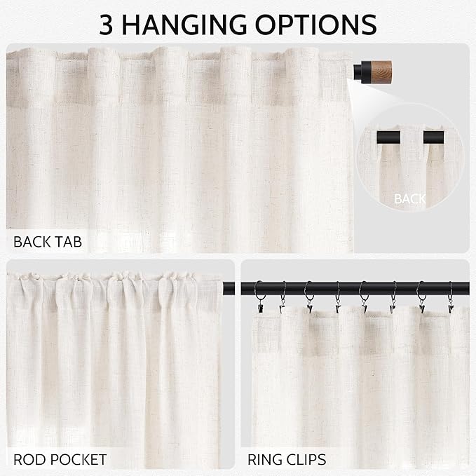 Ivory White Linen Curtains 90 inch for Living Room Back Tab Rod Pocket Semi Sheer Cotton Textured Gauze Curtain Modern Farmhouse Coastal Decor 90 inches for Dining Room Office