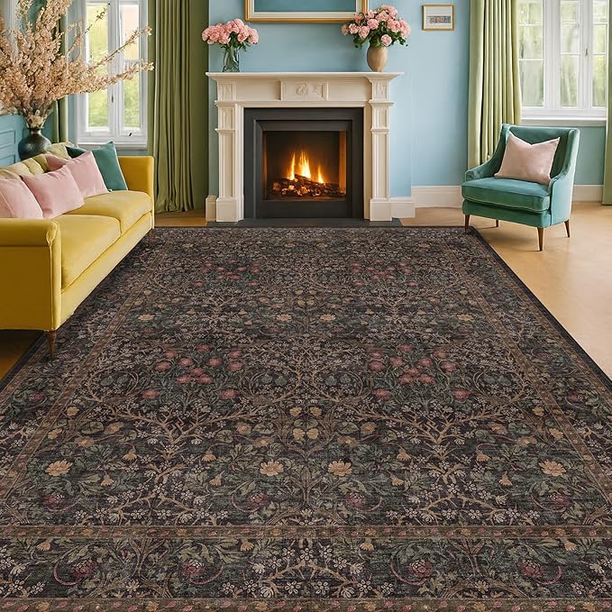 Hazo Haus Dark Brown 10x14 Area Rugs for Living Room - Extra Large Vintage Western Unique Neutral Floral, Washable Low Pile Non-Slip Soft Thin Area Rug for Dining Under Table, Bedroom Under Bed