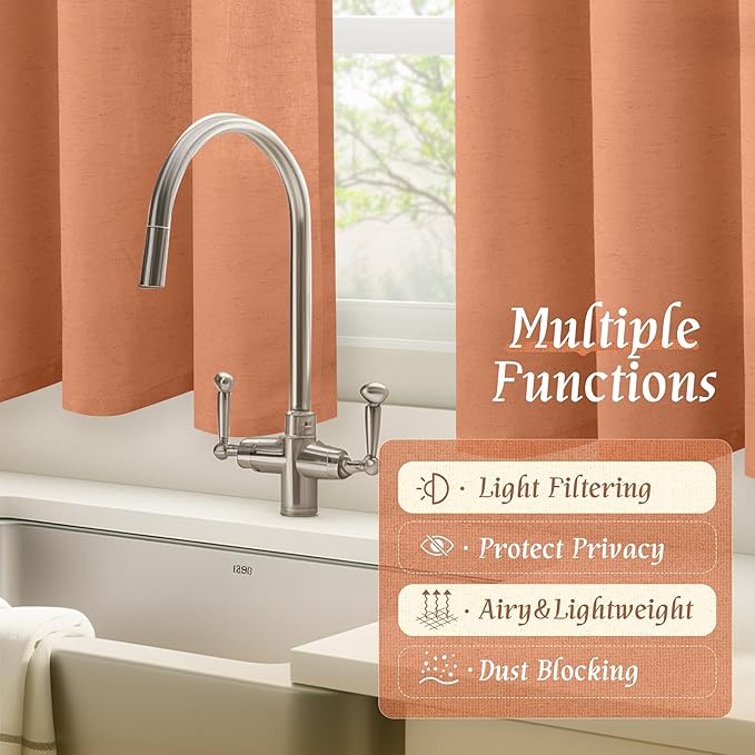 LAMIT Short Linen Curtains 45 Inches Long for Cafe 2 Panels, Terracotta Light Filtering Privacy Panels Rod Pocket Neutral Fall Decor Drapes for Bedroom/Window/Loft Room, 42 x 45 Inch