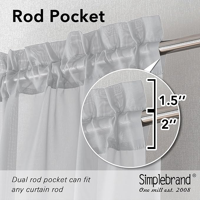 Simplebrand Light Grey Sheer Curtains 90 Inches Long 2 Panels, Light Filtering Rod Pocket Solid Color Window Sheer Curtain Panels, Elegant Curtains & Drapes for Living Room, Bedroom, 42" W x 90" L