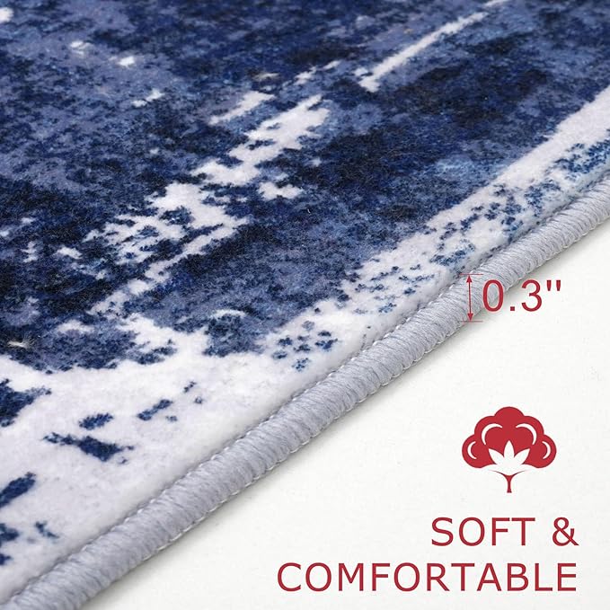 KOZYFLY Modern Abstract 3x5 Area Rug Washable Bedroom Rug Throw Entry Mat Non-Slip Stain Resistant Carpet Dining Room Rug with Soft Low Pile for Living Room Kitchen Bath Office, Navy Blue/Grey/White