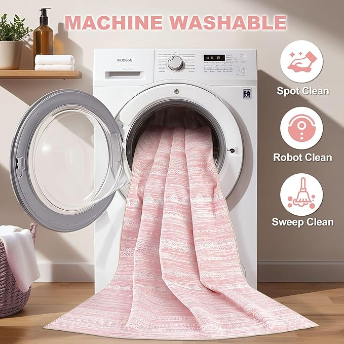 Nakagishi Pink Rugs for Bedroom Girls: 4x6 Washable Boho Large Neutral Area Rug Cute Soft Modern Indoor Floor Non Slip Accent Carpet for Living Room Nursery Kids Playroom Dorm Preppy Baby Room Decor