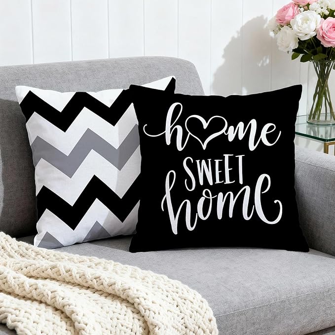 Hexagram Geometric Black Pillow Covers 18x18 Set of 4, Decorative Outdoor Boho Modern Throw Pillow Covers, Home Sweet Home Farmhouse Cushion Case for Couch Sofa Bedroom Indoor Decor(No Insert)