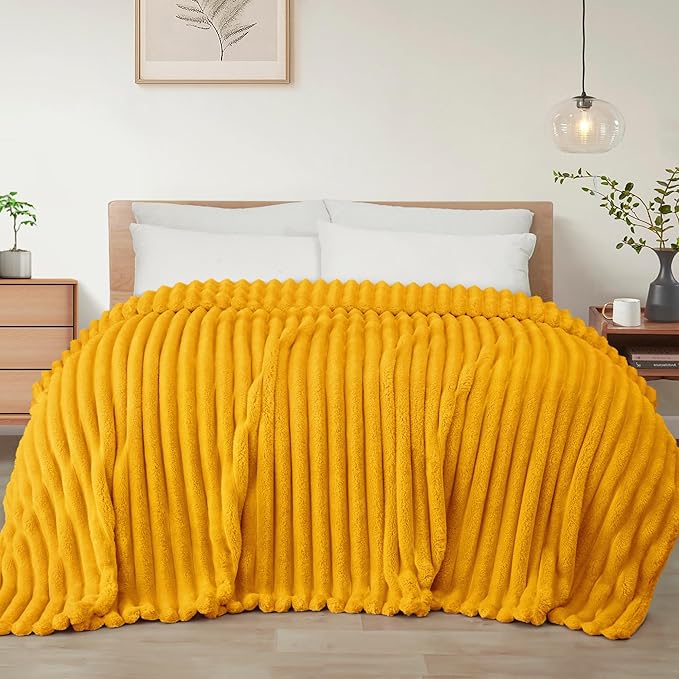 Exclusivo Mezcla Queen Size Flannel Fleece Blanket, Super Soft Striped Jacquard Bed Blanket, Lightweight Fuzzy Cozy for All Seasons, 90x90 Inches, Mustard Yellow