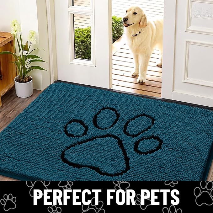 Smiry Dog Door Mat for Muddy Paws, Absorbent Dirt Trapper Non Slip Quick Dry Washable Chenille Mat for Mud Dogs, Entry Rug for Indoor and Outdoor (36x24 Inches, Atlantic Blue and Black)
