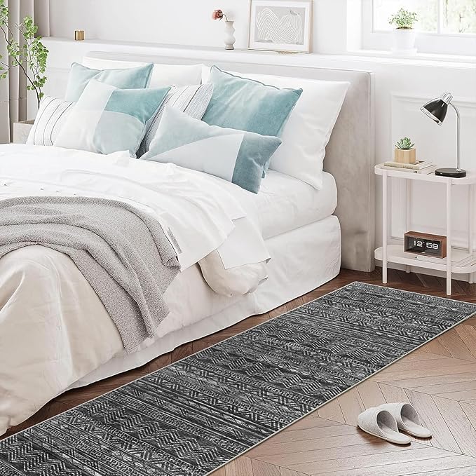 Moroccan Washable Hallway Runner Rug - 2'6"x12' Kitchen Rugs for Living Room Bedroom with Non Slip Floor Carpet Soft Low Pile Floor Mat Thin Hallway Runner Rug 2'6"x12' Black