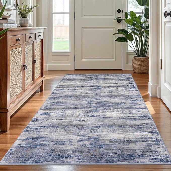 KOZYFLY 4x6 Area Rug Modern Abstract Washable Large Rugs for Entryway Non-Slip Soft Living Room Rug, Print Grey-Blue Throw Rugs Indoor Mat for High-Traffic Door Entrance, Laundry, Nursery, Bedroom