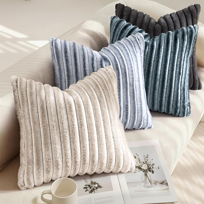decorUhome Cozy Faux Fur Throw Pillow Covers 24x24 Set of 2 Decorative Soft Plush Striped Modern Farmhouse Boho Couch Euro Sham Pillow Cases with Velvet Back for Sofa Bed Living Room, Dark Grey