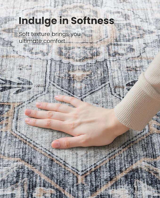 AMADA HOMEFURNISHING 10x14 Washable Area Rug, Low-Profile Large Area Rug with Non-Slip Backing & Durable Edge Binding, Vintage Large Rugs for Living Room, Bedroom & Dining Room