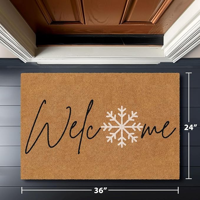 Barnyard Designs Natural Coco Coir Christmas Doormat - Large Cute Non-Slip Heavy Duty Backing Door Mat for Outside Entrance or Porch Entry, Brown (24x36, Winter Snowflake)