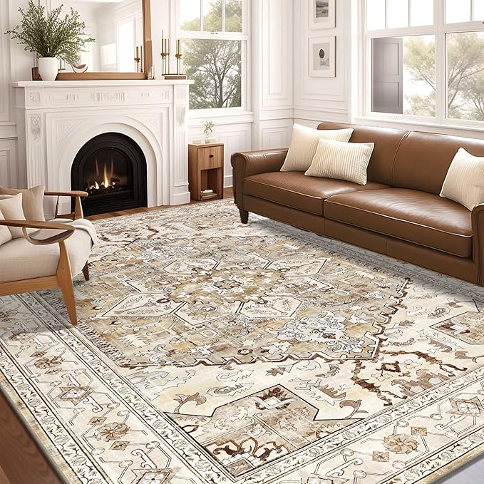 Yamaziot Area Rug 8x10, Non-Slip Washable Boho Vintage Living Room Bedroom Rug with Rubber Backing, Low Pile Faux Wool Soft Distressed Rug Floor Carpet for Living Room, Bedroom