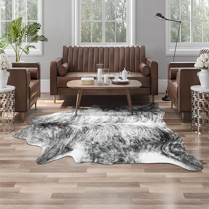 AROGAN Western Decor Faux Fur Cowhide Rug, 4 x 3 Feet Premium Animal Skin Cow Hide Rug, Sturdy Cow Print Rugs for Wall Decor, Western Floor Carpet for Bedroom Living Room, Black and Grey