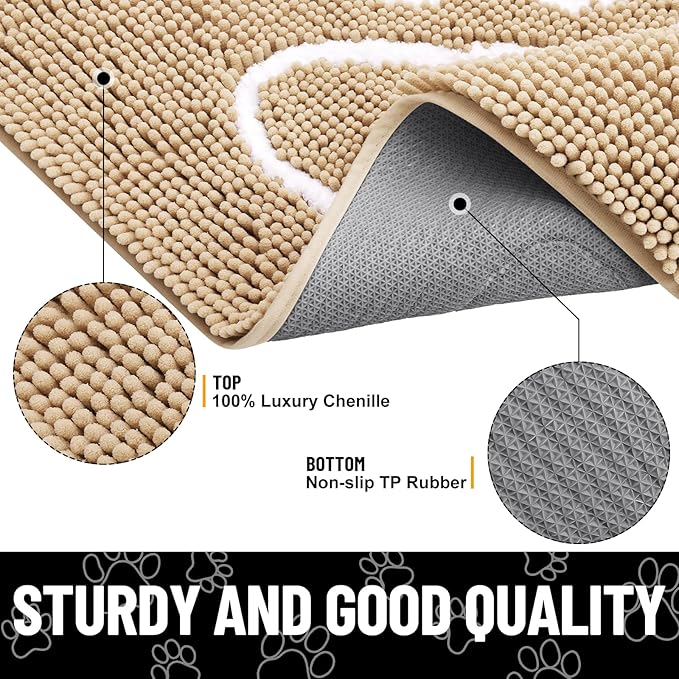 Smiry Dog Door Mat for Muddy Paws, Absorbent Dirt Trapper Non Slip Quick Dry Washable Chenille Mat for Mud Dogs, Entry Rug for Indoor and Outdoor (24x16 Inches, Beige and White)