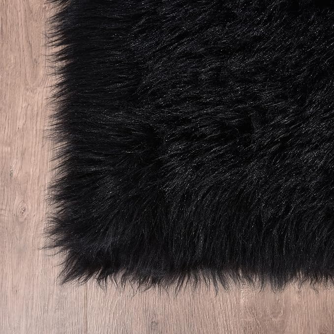 Goolela Black Faux Sheepskin Fur Rug 5x8 for Bedroom and Living Room - Fuzzy Large Fluffy Shag Area Rug Home Decor, Rectangle