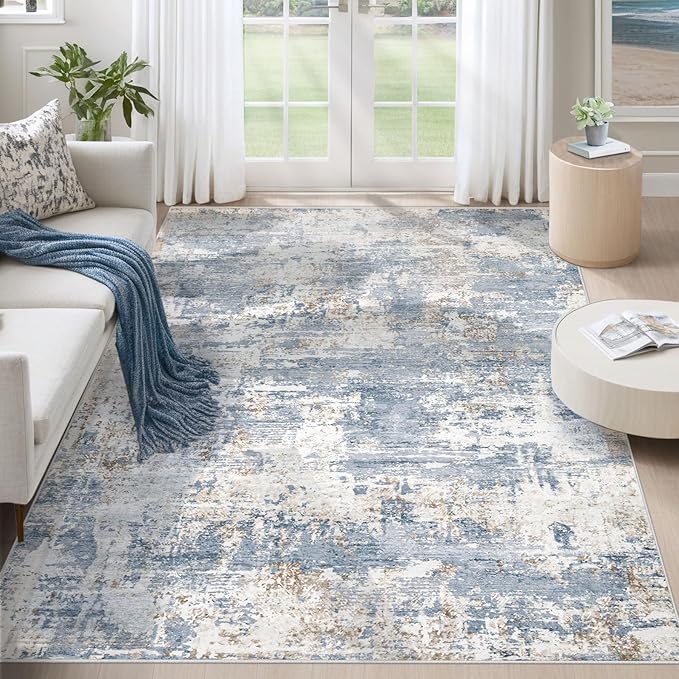 XLUEZ 5x7 Area Rugs for Living Room, Washable Modern Abstract Large Area Rug Neutral Soft Non Slip Kids Rug Stain Resistant Indoor Carpet for Bedroom Nursery Dining Room Playroom(Blue, 5'x7')