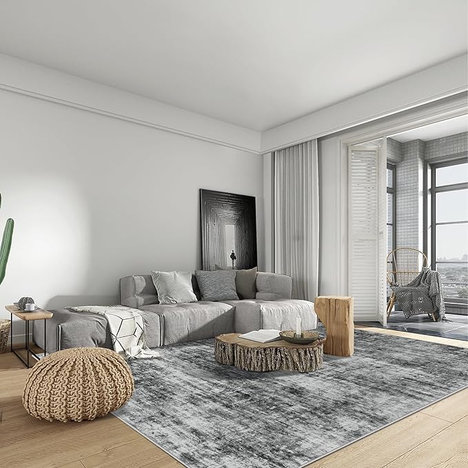 6x9 Area Rugs Washable Rug: Large Modern Abstract Living Room Rug Soft Anti-Skid Thin Carpet Indoor Floor Non-Shedding Carpets for Bedroom Dining Room Farmhouse Nursery Home Office Black