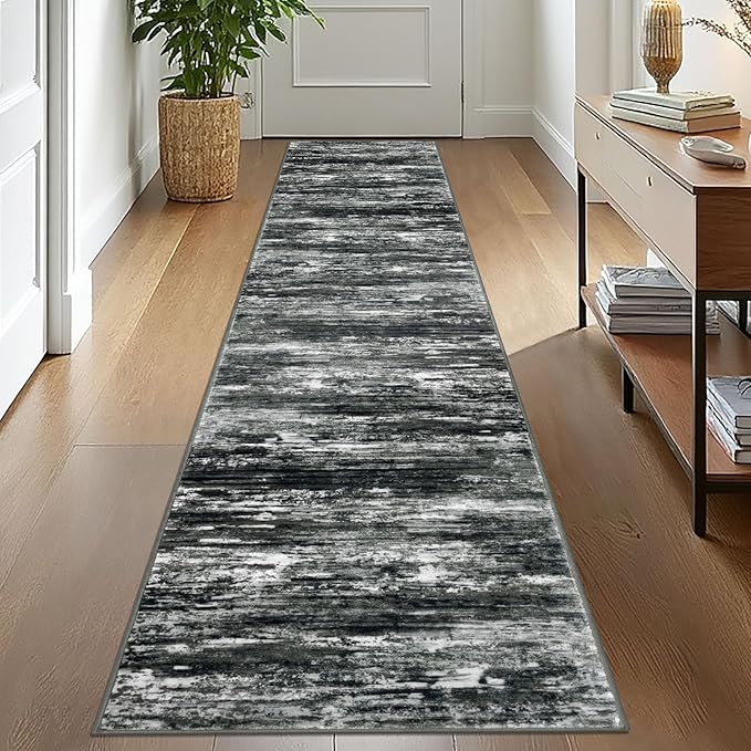 KOZYFLY Modern Abstract Hallway Runner, 2x10 Washable Rug Runner Non-Slip Soft Striped Kitchen Runner Rug, Black Grey Print Carpet for Entryway Bathroom Laundry Room Foyer