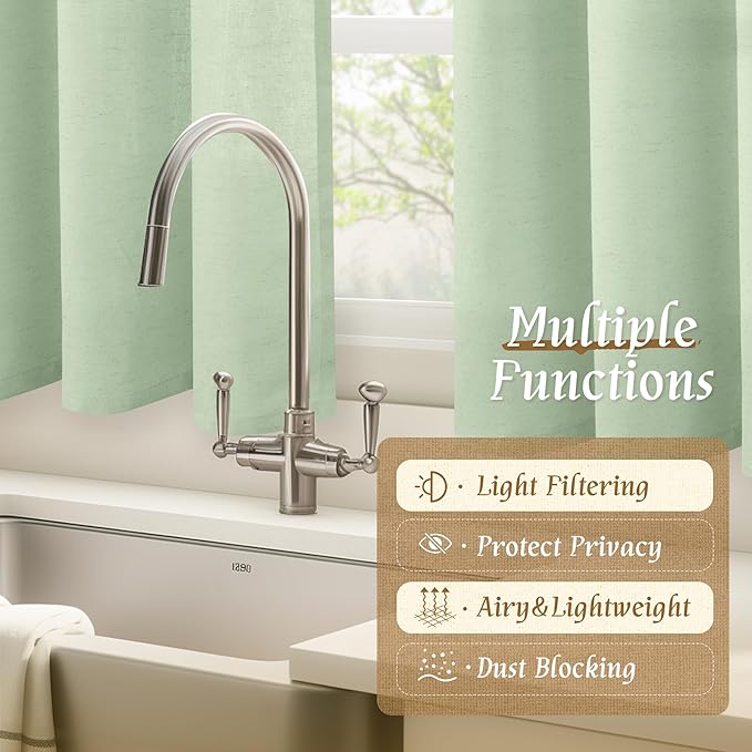 LAMIT 48 Inch Length Linen Curtains 2 Panels, Light Green Soft Faux Linen Light Filtering Panels Rod Pocket Boho Neutral Drapes for Short Windows/Cafe, 42 x 48 Inch