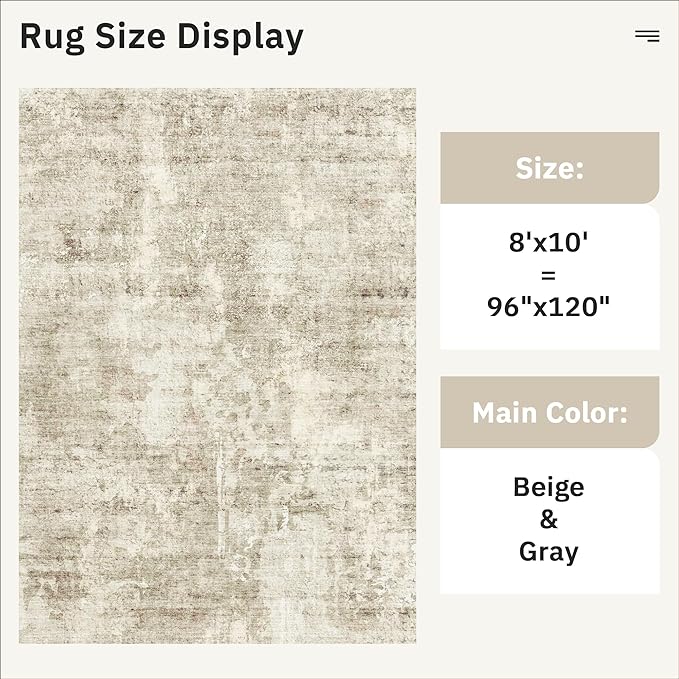 Abstract Rug 8x10 Large Living Room Rugs Neutral Modern Washable Area Rugs for Bedroom Dining Room Non-Slip Stain Resistant Foldable Thin Rug Beige Gray