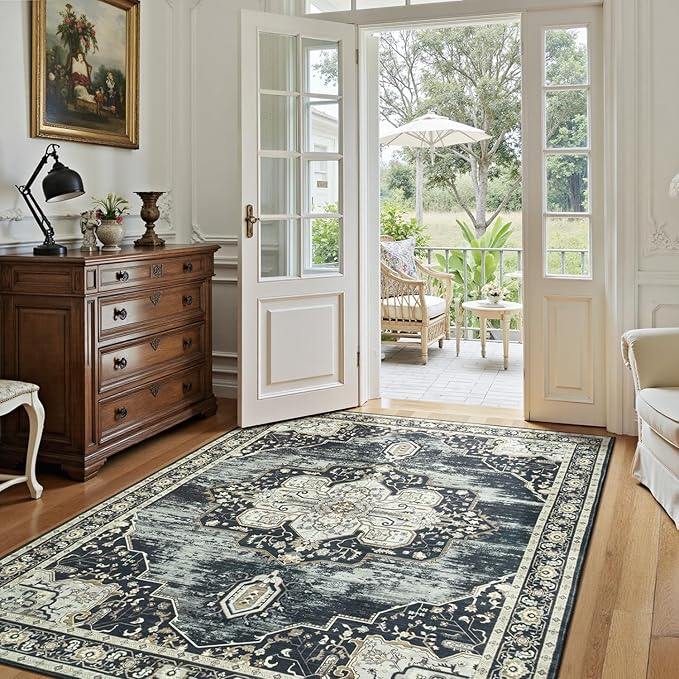 Lofus 5x7 Washable Area Rug, Vintage Floral Rugs for Living Room, Bedroom, Dinning Room, Low Pile Large Area Rugs with Non-Slip Backing, Flower Print Pattern, Black Brown
