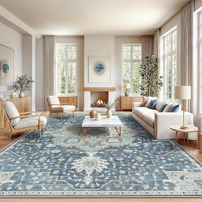 AMADA HOMEFURNISHING 10x14 Washable Area Rug, Low-Profile Large Area Rug with Non-Slip Backing & Durable Edge Binding, Vintage Large Rugs for Living Room, Bedroom & Dining Room