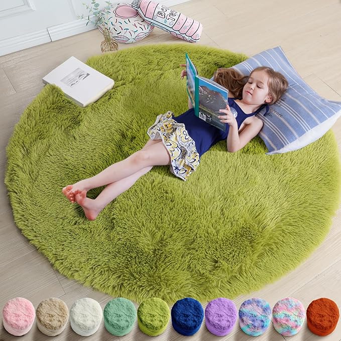 Amdrebio Grass Green Round Area Rug 7Ft for Living Room Bedroom Decor Aesthetic, Large Fluffy Shaggy Fuzzy Circle Rugs for Baby Nursery Kids Playroom, Big Soft Shag Floor Circular Modern Cool Carpet