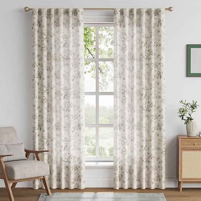 jinchan Linen Floral Curtains for Living Room 84 Inch Length Taupe Printed Flower French Country Curtain Farmhouse Cottage Core Toile Curtains Back Tab Light Filtering Window Drapes Set 2 Panels