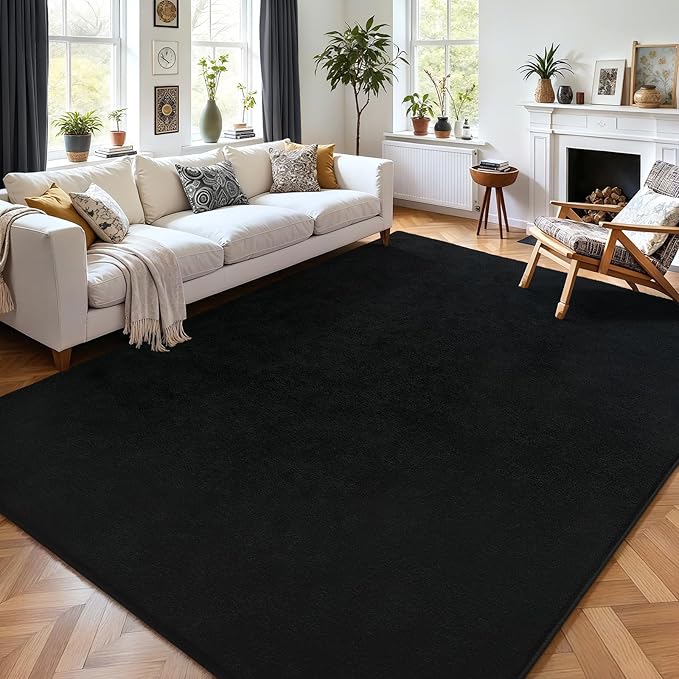 AROGAN Modern Shag Area Rug for Bedroom, 4x6 Feet Washable for Living Room, Indoor Floor Carpet, Plush Memory Foam Bedside for Kids Girls Teens Room, Low Pile Decor, Black