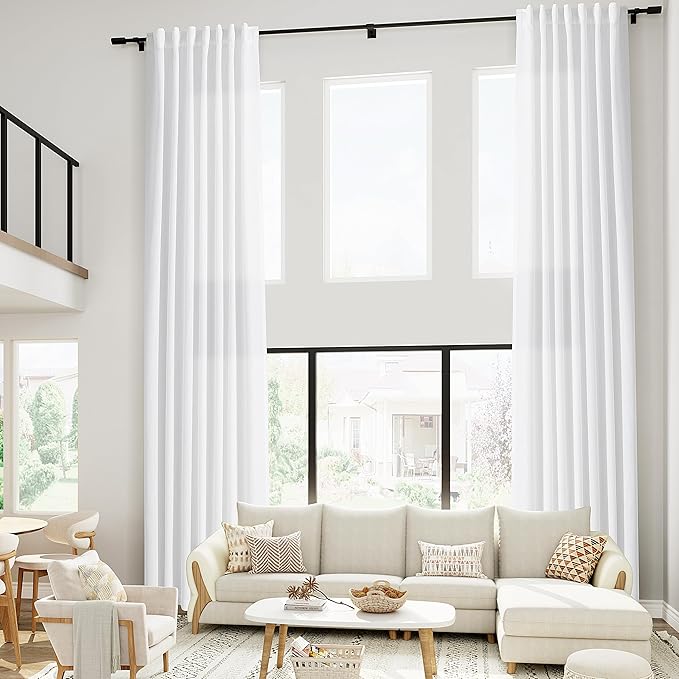 Nanspring Linen White Curtains 2 Panels Set Back Tab Light Filtering Semi Sheer Drape Extra Long for Living Room Modern Farmhouse Decor Linen Textured Curtain for Floor to Ceiling Window 52x228