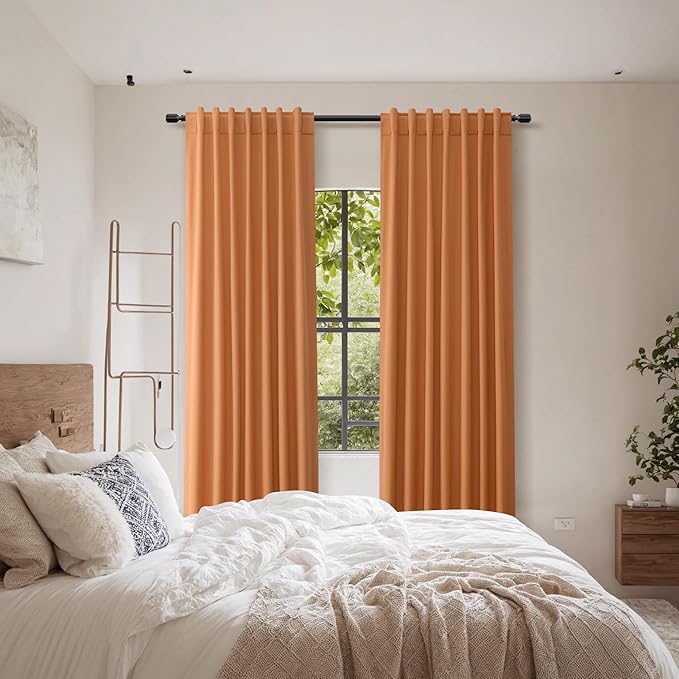 Guken Orange 100% Blackout Linen Curtains 84 Inch Length 2 Panels Set for Living Room Bedroom Back Tab Thermal Insulated Black Out Drapes Room Darkening Farmhouse Window Curtains 84 Inches Long