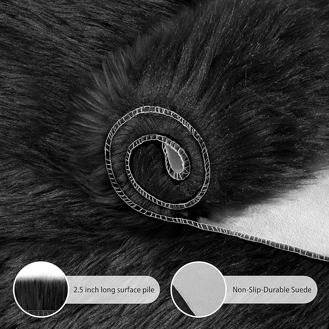 Ciicool Faux Fur Rug Black Fluffy Area Rugs for Bedroom, Thick Fuzzy Shag Rug Furry Bedside Nursery Rug for Living Room Plush Indoor Floor Carpet for Kids Room Teen Dorm, 3x5 ft