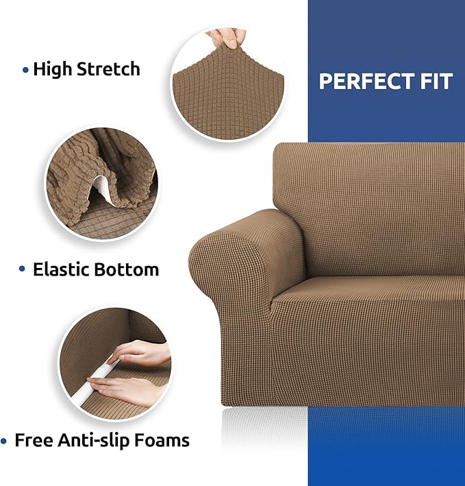 KEKUOU Stretch Single Sofa Slipcover 1 Piece Couch Sofa Cover (31"-55") Furniture Protector 1 Seater Sofa with Elastic Bottom for Kids,Pet.Jacquard Small Checked Pattern Fabric(Small,Camel)