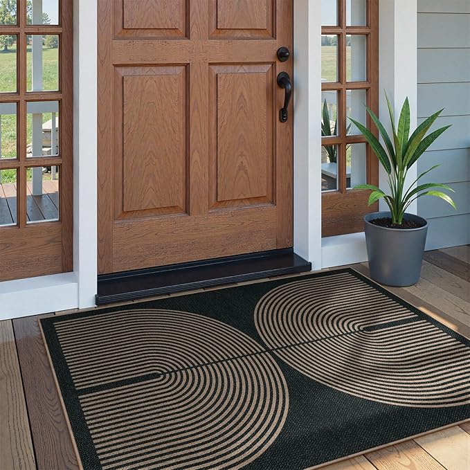 Lahome Enfys Modern Rainbow Easy Jute Outdoor Patio Rug, 3x5 Black Washable Rugs for Entryway Office Farmhouse Classroom Carpet, Contemporary Non Slip Front Door Mat for Porch Guestroom Room Decor