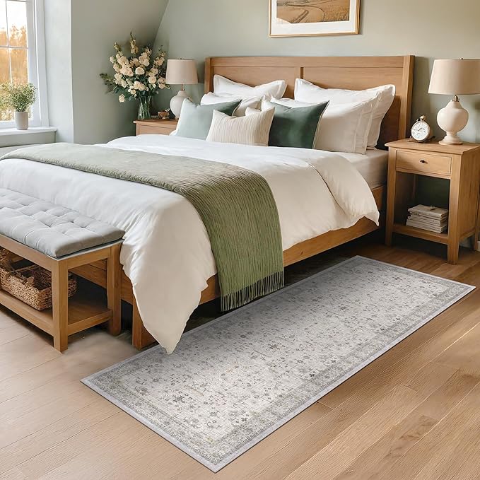 Light Grey 2x5 Boho Bathroom Runner Rug - Modern Eclectic Floral Pastel Neutral Taupe, Washable Low Pile Non-Slip Runner Rugs for Laundry Room, Kitchen, Door Mat Indoor Entrance, Bedroom Beside Bed