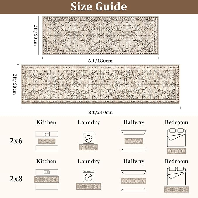 Yamaziot Washable Runner Rug 2x8 – Non Slip Boho Floral Hallway Runner Rug with Rubber Backing, Low Pile Faux Wool Distressed Carpet for Kitchen, Laundry, Bedroom, Entrance, Brown
