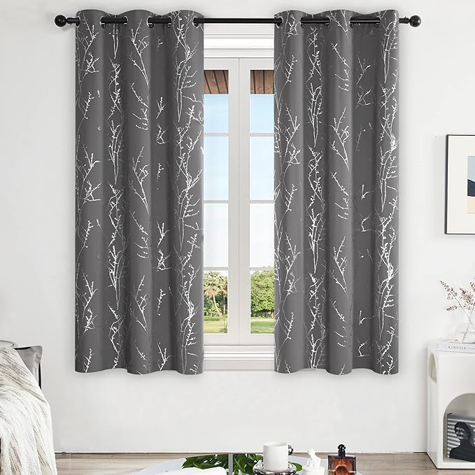 Deconovo Grey Blackout Curtains for Living Room, Thermal Insulated Soundproof Drapes, Silver Branch Foil Print, 42 x 63 Inches Long, 2 Panels, Machine‑Washable Grommet Window Panel for Bedroom Office