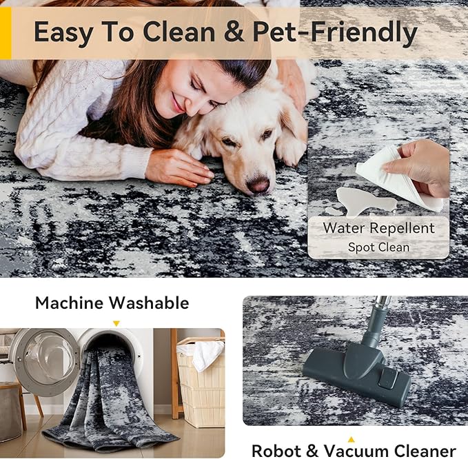 Washable Area Rugs 2'x3' Non-Slip Modern Abstract Soft for Living Room Entryway Bedroom Nursery, Print Pattern, Black Navy Blue Gray