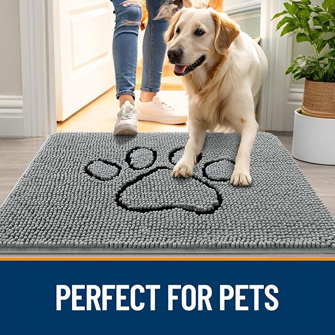 OLANLY Dog Door Mat for Muddy Paws 36x24, Paw Print Design, Absorbs Moisture and Dirt, Absorbent Non-Slip Washable Doormat, Quick Dry Chenille Mud Mat for Dogs, Entry Indoor Entryway Carpet, Grey