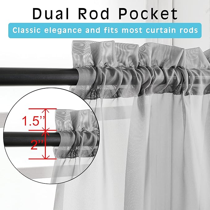 OVZME 2 Panels Grey Sheer Valance - Short Fresh Sheer Curtain Valances for Windows Basement Semi Sheer Valances for Kitchen Window, Dual Rod Pocket (Grey, 42 by 14 Inches Long)