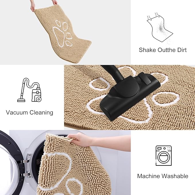 Smiry Dog Door Mat for Muddy Paws, Absorbent Dirt Trapper Non Slip Quick Dry Washable Chenille Mat for Mud Dogs, Entry Rug for Indoor and Outdoor (70x24 Inches, Beige and White)