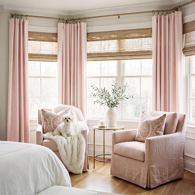 RYB HOME Pink 100%Blackout Linen Curtains for Girl's Room W52 x L96, Thermal Insulated &Privacy Assurd Curtains for Bedroom/Nursery/Living Room, Rod Pocket&Back Tab Drapes Boho Vintage Style, 2 Panels