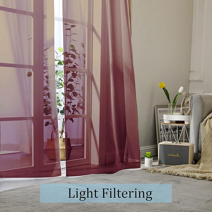 OWENIE Sheer Curtains 96 Inch Long, Elegant Sheer Curtains for Bedroom, Window Voile Sheer Curtain Panels/Drapes/Treatment for Living Room, 2Pcs, Each 42" W x 96" L, Burgundy