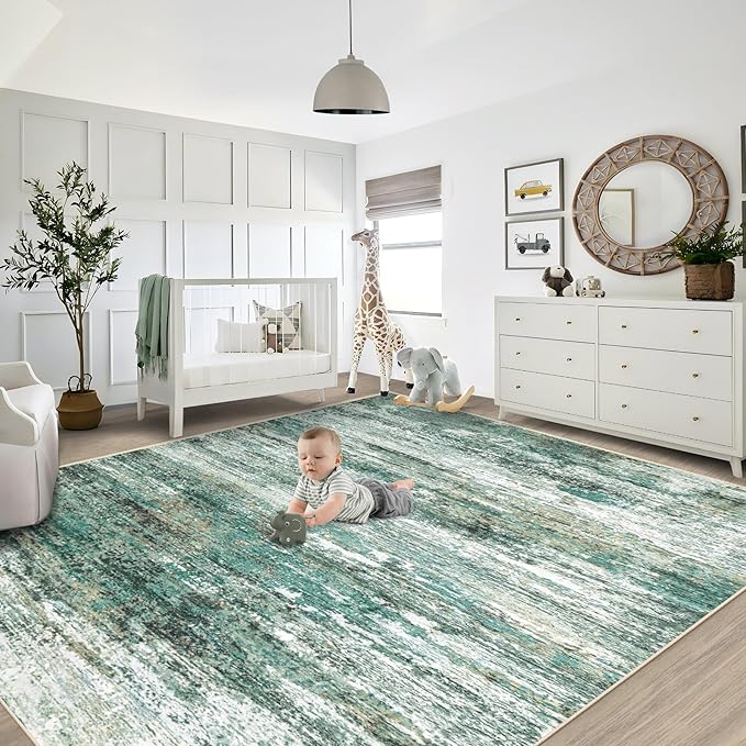 9x12 Area Rug for Living Room, Washable Modern Abstract Large Area Rug Neutral Soft Non Slip Kids Rug Stain Resistant Indoor Carpet for Bedroom Dining Room Playroom Office(Green, 9'x12')